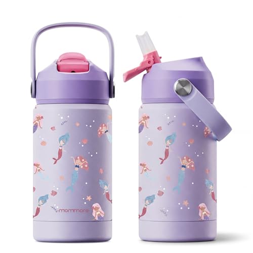 Mommore Kids Insulated Water Bottle with Soft Rubber Handle, 12oz Stainless Steel Thermos with Straw Lid, Leak Proof, Easy to Clean Design, Vacuum Small Canteen for School Boys Girls, Mermaid-1 Pc - color: Mermaid