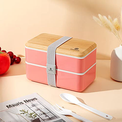 Sinnsally Bento Box for Kids and Adults, Stackable Japanese Bento Lunch Box Containers for Teens/Women with Compartments(47oz),Modern Lunch Containers with Utensil Set,Leak-Proof Lunchbox,Rectangle - color: Dark Pink