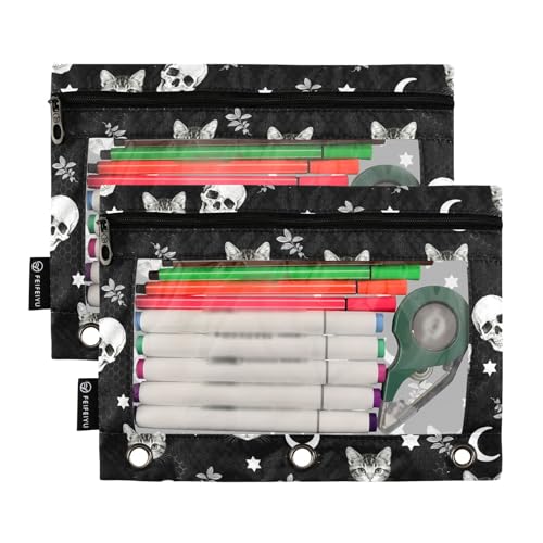 Skull Cat Moon Gothic Pencil Pouches for 3 Ring Binder, Zipper Binder Pencil Case, 2 Pack Clear Window Case Bag for Office Organizers - color: Skull Cat