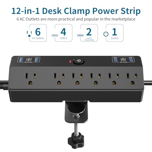 Desk Clamp Power Strip 2 USB C Desktop Mount Outlet Charging Station, 10FT Extension Cord Flat Plug with 6 AC, Removable 40W Fast Charging Surge Protector Power Strip Fits 1.8" Office Tabletop Edge