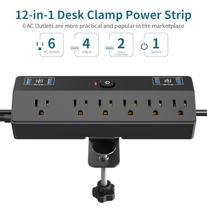 Desk Clamp Power Strip 2 USB C Desktop Mount Outlet Charging Station, 10FT Extension Cord Flat Plug with 6 AC, Removable 40W Fast Charging Surge Protector Power Strip Fits 1.8" Office Tabletop Edge