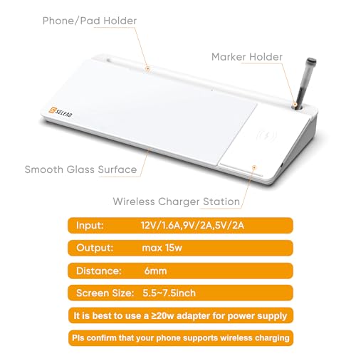 SELEAD Desktop Glass Whiteboard with Wireless Charger Station, Dry Erase Board Computer Pad Keyboard Stand with Organizer Drawer for Home, School, Office Desk Accessories, White - color: White Charger