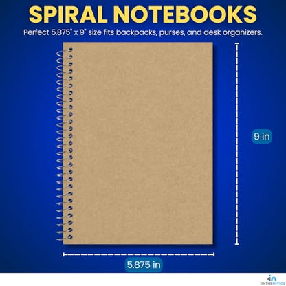 1InTheOffice Wirebound Spiral College Ruled Notebook 6 x 9, 3 Subject Notepad, Kraft Cover, 100 Sheets, (4/Pack)
