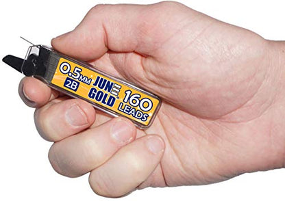 June Gold 0.5 mm, 640 Lead Refills, 2B, 4 Dispensers/w 160 Pieces Each | Fine Thickness, Break Resistant Graphite, Elegant Dispensing Mechanism - color: 2b Graphite, style: 0.5 mm