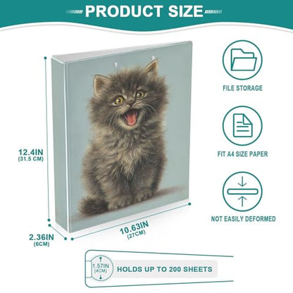 Fustylead Realistic Black Kitten Yawning Pattern 3 Ring Binder, D-Rings 1.5" Hardcover Folder, Fits 200 Sheets of A4 Paper, Durable Clipboard & Clean View with Inside Pockets for School Home Office - size: 12.4x10.63x2.36 Inch-2 Pack