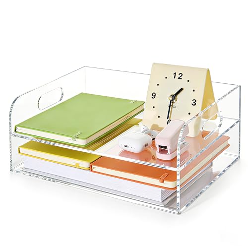 2-Tier Clear Acrylic Paper Trays, Desk File Organizer, A4 Paper Holder, Low-Profile Desk File Sorter for Office/Home, Clear Stackable Letter Tray for Bills, Crafts, Notebooks - Horizontal - size: 2-Tier-Horizontal-A