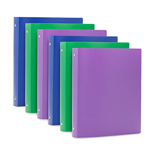 Blue Summit Supplies 6 Pack 3-Ring Plastic Binder, 1-Inch Flexible Binder, Soft Cover with Pocket, Assorted Colors with Blue, Green, and Purple Bendable Binders