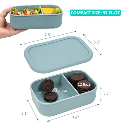 100% Silicone Bento Box Adult with 2 Compartments, 32oz, Reusable Divided Lunch Box Meal Prep Containers for Entree and Side Food Snack Storage, BPA-Free Plastic-Free, Microwave Dishwasher safe, Green - color: Blue | 32oz | 2-Compartment
