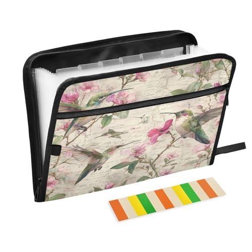 Hummingbird Pink Flowers Expanding File Organizer with 13 Pockets Accordion File Folders with Labels,Portable Document Paper Bill Receipt Organizer,Home College School Office Supplies, Letter - color: Hummingbird Pink Flowers