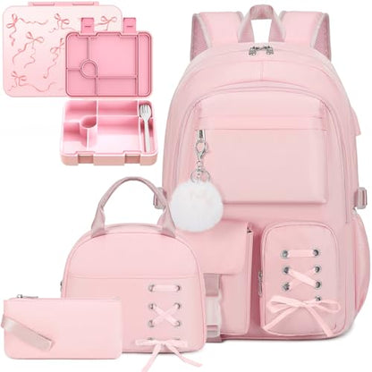 Scothen Backpack for Girls with Bento Lunch Box Set, School Bag Bookbag for Teens Girls Kids Student, 43oz Lunch Containers Lunchbox, Insulated Lunch Bag & Pencial Case, Back to School Gifts - color: Pink