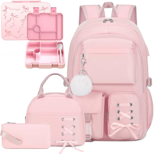 Scothen Backpack for Girls with Bento Lunch Box Set, School Bag Bookbag for Teens Girls Kids Student, 43oz Lunch Containers Lunchbox, Insulated Lunch Bag & Pencial Case, Back to School Gifts - color: Pink