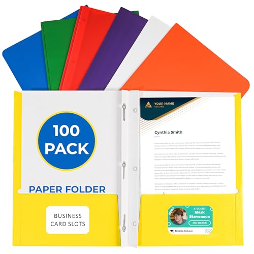 100 Pack Assorted Colors 2 Pocket Paper Folders. EPI Heavy Duty, Bulk Folders with Pockets, Prongs and Business Card Slots. Letter Size Document Organizers. Durable Portfolio for School, Office Files - color: Assorted, style: Prongs