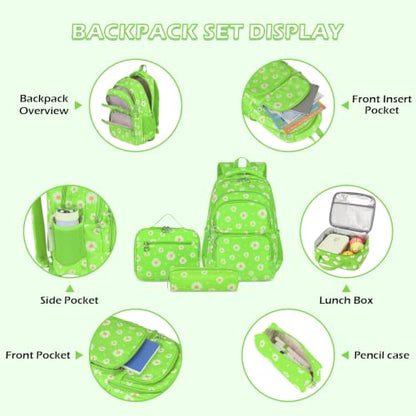 Glodwheat Daisy Printed Backpack For Girls- 3Pc Set With Lunch Box & Pencil Case, Lightweight Water-Resistant Bookbag For Elementary School - color: Grass-green