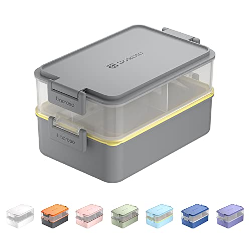 linoroso Stackable 2-Tier Adult Bento Box, 4 Compartments - Ultimate Gray | leakproof sauce cups, utensil set included, microwave & dishwasher safe, 7 colors available, ideal for work/school/picnic - color: Ultimate Gray