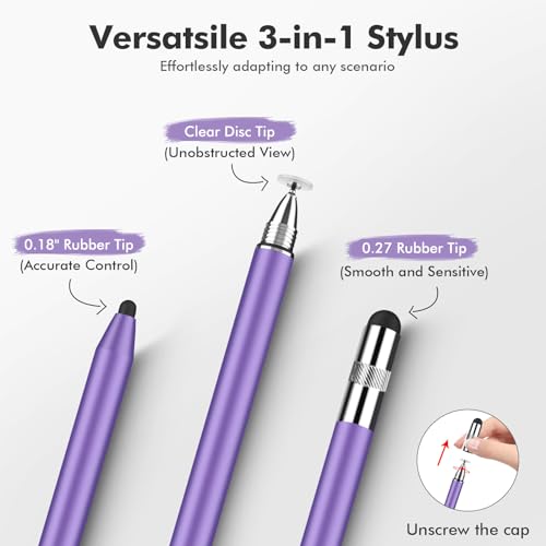 MEKO 3 in 1 Stylus Pens for Touch Screens, High Sensitivity & Precision Capacitive Stylus Pencil for Apple iPad iPhone Tablets Samsung Galaxy All Universal Touchscreen Devices (2 Pack-Silver/Purple) - color: Silver/Purple