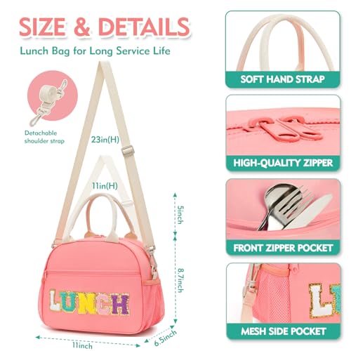 Lunch Bag for Girls and Women, Cute Preppy Lunch Bag with Chenille Letters, Insulated Large Capacity Lunch Tote with Detachable Strap for School, Work & Picnic, Pink - color: Pink
