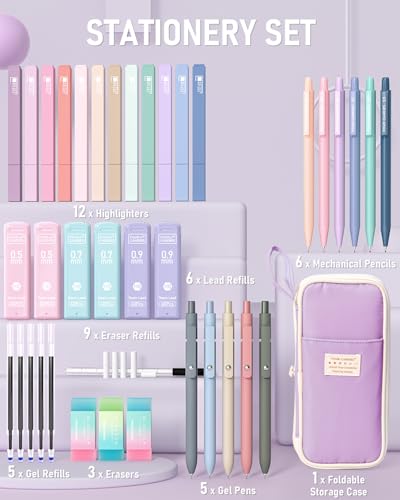 Four Candies School Supplies with Cute Pen Case, 39ct, Purple | Back to School Stationery Set, Essentials for College & Nursing Students, 5 Gel Pens, 6 Mechanical Pencils, 12 Highlighters - color: Purple, size: 39 Count (Pack of 1)
