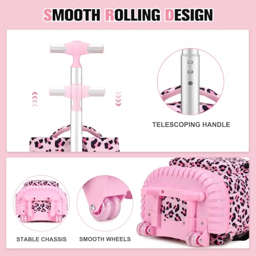 ACESAK Rolling Backpack for Girls - Roller Wheels School bag with Lunch Bag & Pencil Pouch for Teen Girls Kids Wheeled Suitcase Backpacks, Elementary Middle School Travel Daypack (Pink Leopard) - color: Pink Leopard
