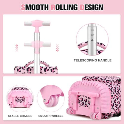 ACESAK Rolling Backpack for Girls - Roller Wheels School bag with Lunch Bag & Pencil Pouch for Teen Girls Kids Wheeled Suitcase Backpacks, Elementary Middle School Travel Daypack (Pink Leopard) - color: Pink Leopard
