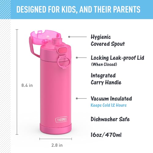 THERMOS FUNTAINER Water Bottle with Spout, 16oz, Neon Pink | Kids Stainless Steel Insulated Water Bottle, Keeps Drinks Cold Longer for School & Play, BPA-Free - color: Neon Pink, size: 16 Ounces
