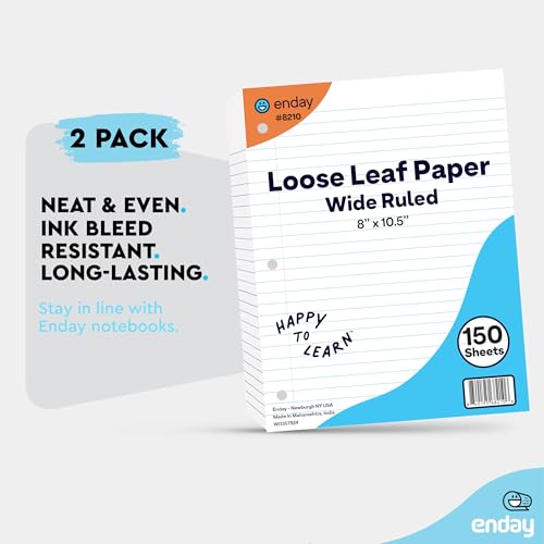 Loose Leaf Paper Notebook Paper, 8" x 10.5" Filler Paper White, 3 Hole Punched Binder Paper for 3 Ring Binders, Lined Paper 150 Sheets Per Pack - By Enday - size: 2 Pack
