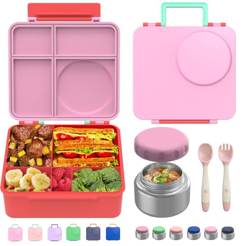 Bento Box for Kids - Leak-Proof Bento Lunch Box with Insulated Thermo Food Jar - 4 Compartments, 1 Removable Divider, 1 Spoon, 1 Fork - Dishwasher Safe, BPA-Free (Pink) - color: Pink