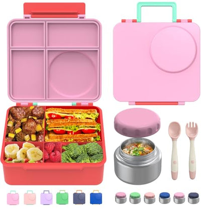 Bento Box for Kids - Leak-Proof Bento Lunch Box with Insulated Thermo Food Jar - 4 Compartments, 1 Removable Divider, 1 Spoon, 1 Fork - Dishwasher Safe, BPA-Free (Pink) - color: Pink