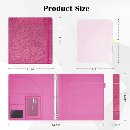 Ospelelf Glitter Leather Clipboard Binder 1 Inch, Magnetic Clipboard Folio Organizer with 5 Pocket Dividers & Zipper Pouch, Cute 3 Ring Document Organizer Binder for Office, Glitter Pink - color: Glitter Pink