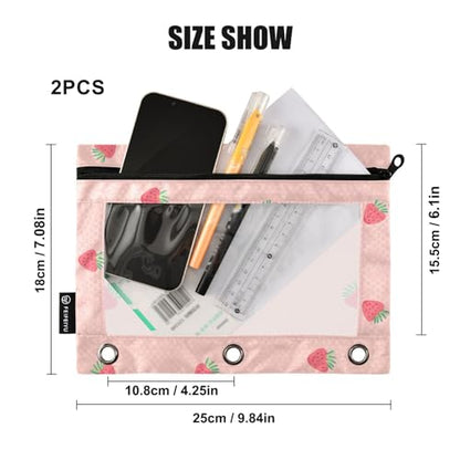 Fustylead Pink Strawberry Pencil Pouch Fits Standard 3-Ring Binders, Zipper Binder Pencil Bag with Clear Window for Office School Class Students 2 Pack - color: Pink Strawberry