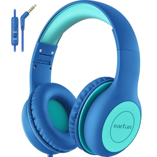 EarFun Kids Headphones Wired with Microphone, 85/94dB Volume Limit Headphones for Kids, Portable Wired Headphone with Shareport, Stereo Sound Foldable Headset for School/Tablet/iPad/Kindle Blue Green - color: Blue Green