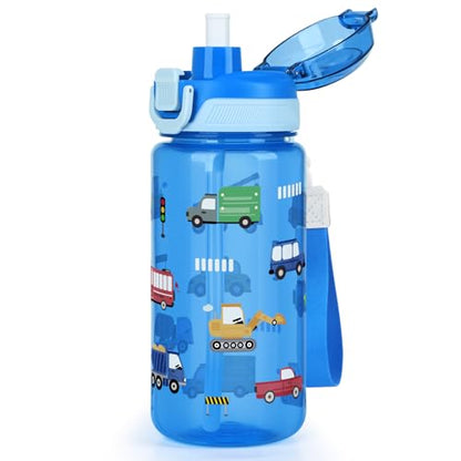 20oz 2 in 1 Removable Straw and Spout Kids Water Bottle with Pop-Up Lid & Lock, BPA-Free, Plastic Sports Water Bottle, Handle Strap, Dishwasher Safe, Boys & Girls, Transportation