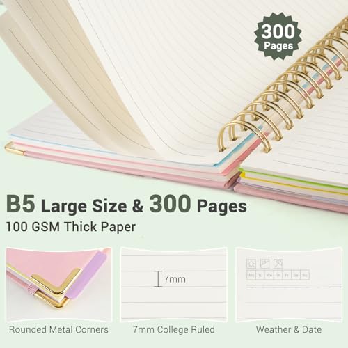 Hardcover Spiral Journal Notebook, 300 Pages 5 Subject Notebook College Ruled with Removable Dividers Tabs, 8" x 10" Notebooks for Work, Spiral Ruled Lined Writing Journal Hardcover Leather Notebook for School (Green, 8''x 10'') - color: Green