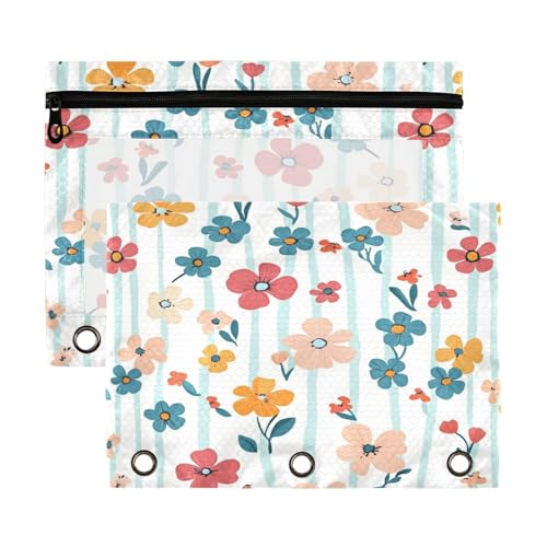 Kcldeci Pencil Pouch for 3 Ring Binder, Flower Stripes Floral Binder Pouches with Zipper Bulk, Pen Holder Case with Clear Window School Class Office Organizers, 2Pack - color: Multicolored-B07