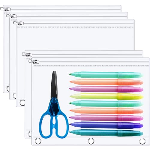 Lincia 5 Pack Clear Pencil Pouch for 3 Ring Binder Pencil Case with Zipper 3 Ring Binder Pocket Insert Bag 10 x 7'' Visible Cash Envelope with Re-enforced Grommet for Office (Clear)