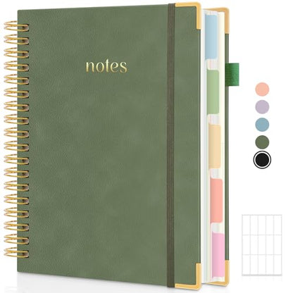 SKYDUE 5 Subject Notebook with Dividers and Tabs, 8" x 10" College Ruled Notebook for Work, 300 Pages Spiral Journal for Women, Green - color: Green