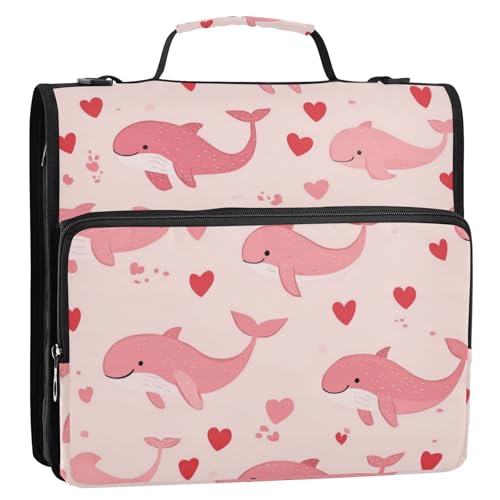 Pink Whales and Love Zipper Binder 3 Ring 1.5 Inch School Binder Organizer with Shoulder Strap Handle File Folder Pockets Large Capacity Students Girl Boy Men Office Work - color: Pink Sea Turtle