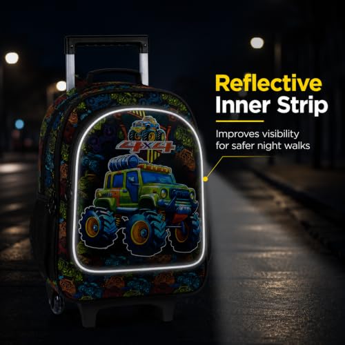 AGSDON 3PCS Rolling Backpack for Girls and Boys, Kids Roller Wheels Bookbag, Wheeled Elementary School Bag with Lunch Bag - color: Truck Roll