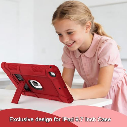 iPad 6th Generation Cases, iPad 5th Generation Case, iPad Air 2 Case, Shockproof Rugged Drop Protection Cover Built with Kickstand for iPad 9.7'' A1893/A1954/A1822/A1823(Red) - color: Red+Black