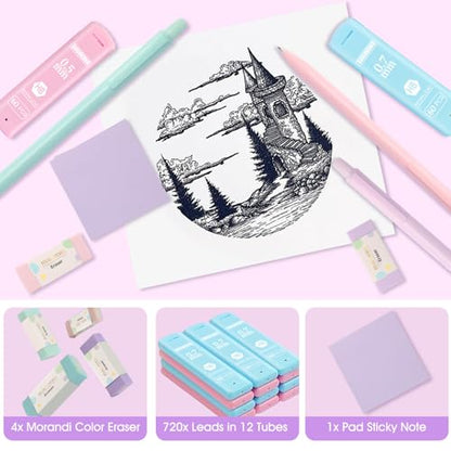 Aesthetic School Supplies with Cute Pencil Case, 12x Pastel Mechanical Pencils 0.5 & 0.7mm with 720x HB Leads, 4x Erasers and 1x Sticky Note, Suitable for Writing, Drafting Drawing Sketching(purple) - color: Purple