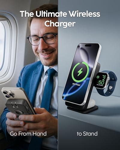 myCharge EcoHub 3-in-1 Magnetic Wireless Charger & Battery Pack for iPhone, iWatch, AirPods - 6,000mAh Battery | Built-in Wall Plug | 15W Magsafe Wireless Output | Foldable | Charging Station | Black - color: Black