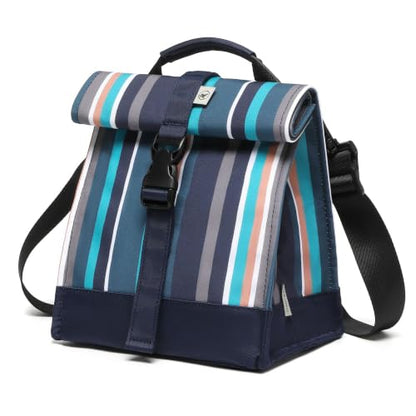 SUNNY BIRD Insulated Lunch Bag Rolltop Lunch Box Tote Bag for Women, Men, Adults and Teens (Navy Teal Stripe) - color: Navy Teal Stripe