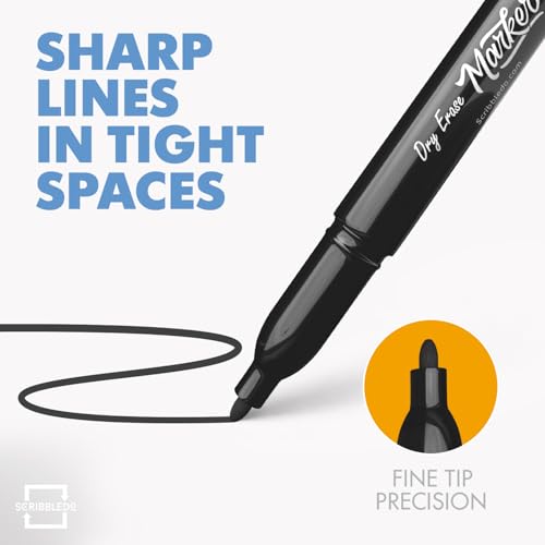 Scribbledo 4 Pack Fine Tip Dry Erase Markers Black Low-Odor Whiteboard Markers with Eraser Cap for Office Meetings Planning Boards & Home Workspace