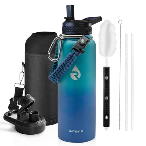 RAYMYLO Insulated Water Bottle 40 oz, Triple Wall Vacuum Stainless Steel (Cold for 36Hrs, Hot for 18Hrs), Leak Proof & Non-BPA, Modern Water Flask Jug with Paracord Handle & Straw Spout Lids - color: Cyan Blue, size: 40 Ounces