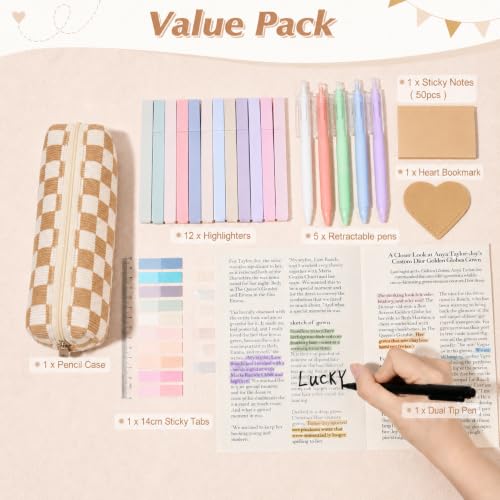 22Pcs Book Annotation Kit Aesthetic Pencil Case with Supplies School Annotation Supplies Gel Pen Transparent Sticky Note Taking Bible Study College Stationery Supplie (Beige Checkered) - color: Beige Checkered