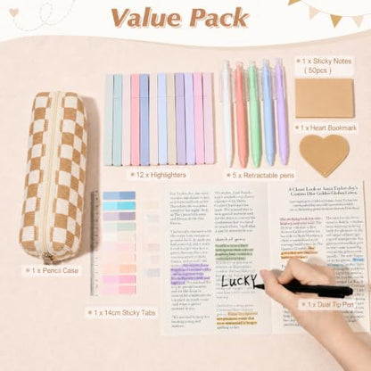22Pcs Book Annotation Kit Aesthetic Pencil Case with Supplies School Annotation Supplies Gel Pen Transparent Sticky Note Taking Bible Study College Stationery Supplie (Beige Checkered) - color: Beige Checkered