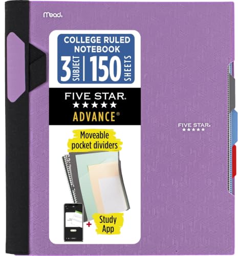 Five Star Advance Spiral Notebook + Study App, 3 Subject, College Ruled Paper, 8-1/2" x 11", 150 Sheets, Spiral Guard, Movable Tabbed Dividers, Amethyst Purple (820060G) (Pack of 6) - color: Amethyst Purple, size: Pack of 6