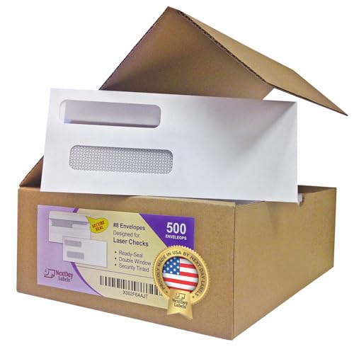 NextDayLabels #8 Double Window Check Envelopes - 500 Pack Ready-Seal Business Envelopes with Security Tint - Self-Sealing Envelopes with Window for Laser Printed Checks - Made in USA - size: #8 Envelope-500 Pack