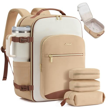 LOVEVOOK 50L Travel Backpack for Women & Men, Airline Approved Carry On Luggage with 3 Packing Cubes, TSA Overnight Bags, Waterproof Personal Item Bag, Weekender Essentials Backpacks fits 17" Laptop - color: Beige Yellow-beige-brown, size: X-Large