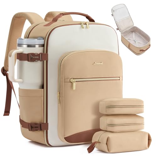 LOVEVOOK 50L Travel Backpack for Women & Men, Airline Approved Carry On Luggage with 3 Packing Cubes, TSA Overnight Bags, Waterproof Personal Item Bag, Weekender Essentials Backpacks fits 17" Laptop - color: Beige Yellow-beige-brown, size: X-Large