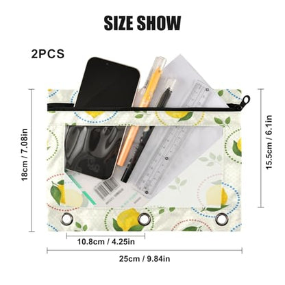 Blueangle Lemon Dots and Leaves Pencil Pouch for 3 Ring Binder, 2 Pack Clear Window Zipper Pencil Bags for Office